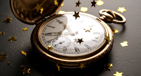 Vintage pocket watch on black background with golden stars confetti.の素材