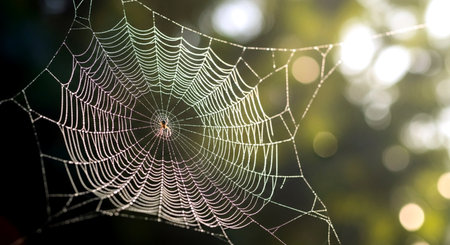 Spider web with dew drops on green nature background, shallow depth of fieldの素材