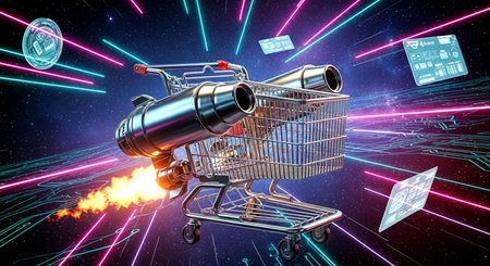 Digital composite of Rocket in shopping cart against black background with blue lightsの素材