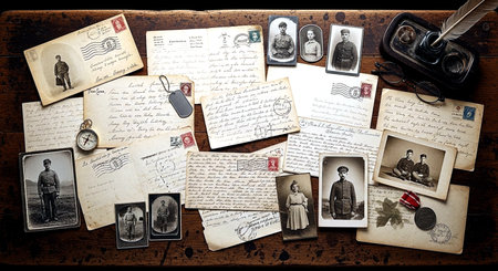 Vintage postcards and photo album on a wooden background. Toned.の素材
