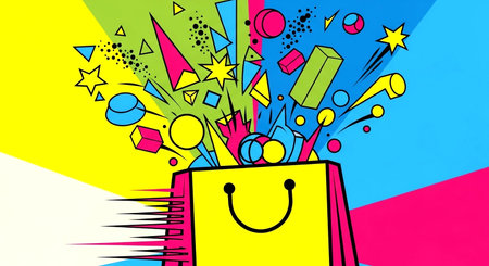 Shopping bag on colorful background. Pop art style. Vector illustration.の素材