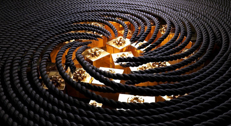 Gift boxes in a circle of ropes. The concept of giving gifts.の素材