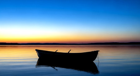 Silhouette of a fishing boat on the lake at sunset.の素材