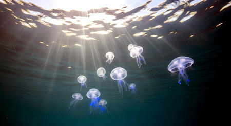 Jellyfish swimming in the deep blue water of the ocean.の素材