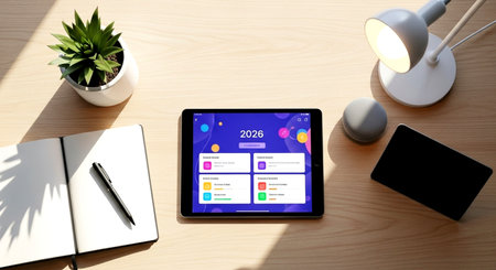 Workplace with tablet pc showing social network application on screen, work from home conceptの素材