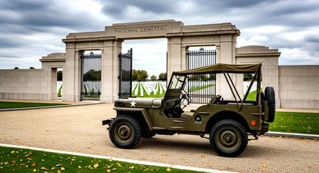 An american military jeep with an entrance gate to a cemeteryの素材