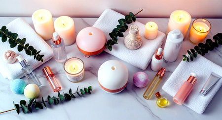 Spa and wellness setting with candles, eucalyptus branches, towels, essential oil and flowers.の素材