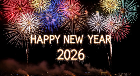 Happy new year 2016 written with Sparkle firework over night sky backgroundの素材