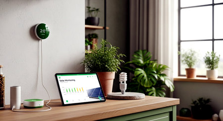 Workplace with tablet pc, headphones and stationery in modern interiorの素材