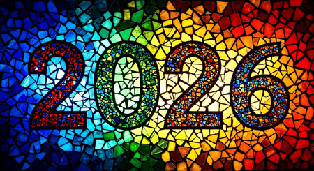 Happy New Year 2016. Colorful stained glass wall texture background.の素材