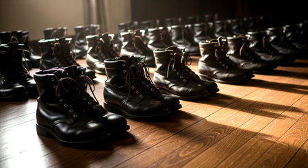 Men's black leather boots in store. Shallow depth of field.の素材