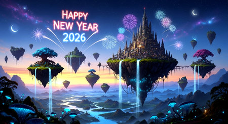 Happy new year 2020 and happy new year in the sky background.の素材