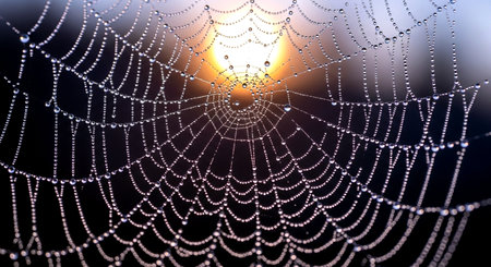 spider web with dew drops close up at sunrise, shallow depth of fieldの素材
