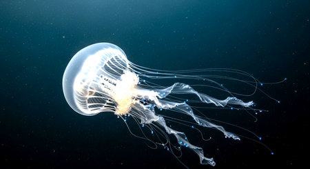 Jellyfish in the deep blue sea. 3D illustration.の素材