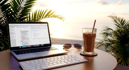 Laptop computer with iced coffee and sunglasses on table in front of the seaの素材