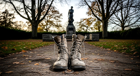 A pair of trekking boots standing on a footpath in a parkの素材