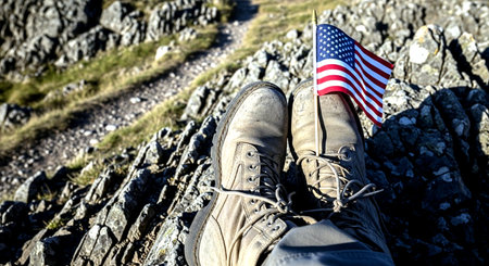 Hiking boots with american flag on top of the mountain.の素材