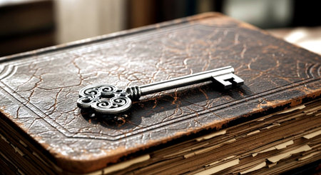 Key on the old book, close-up. Selective focus.の素材