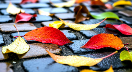 Colorful autumn leaves with water drops on cobblestone pavement.の素材
