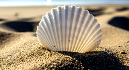 White seashell on the sand. Close-up. Selective focus.の素材