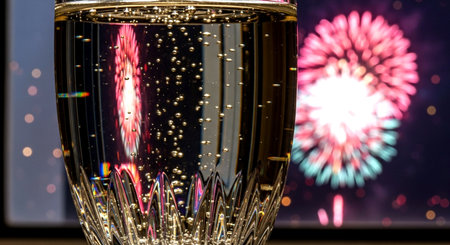 champagne glass with fireworks in the background - close up shotの素材