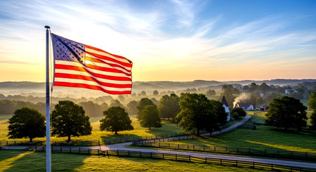 American flag waving in the wind over a beautiful rural landscape at sunrise.の素材