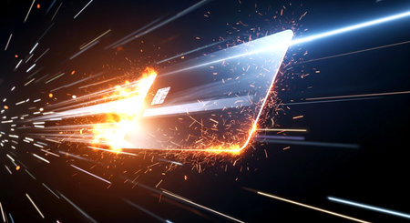 3d illustration of a computer monitor with fire and sparks against a dark backgroundの素材
