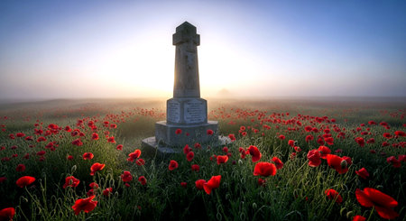 Old war memorial on a meadow with poppies at sunsetの素材