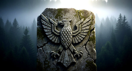 3D rendering of an old gravestone with an eagle on topの素材