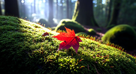 Maple leaf on green moss in the forest. Autumn season.の素材