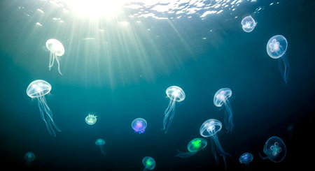 Jellyfish in the deep blue sea. Underwater world.の素材