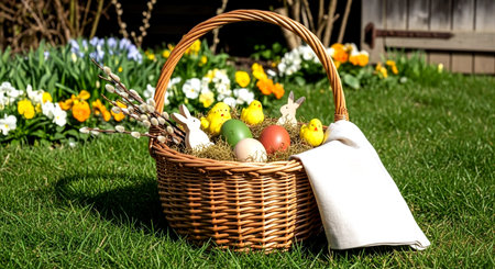 Easter basket with easter eggs and spring flowers on green grassの素材