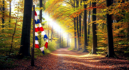 Path in autumn forest with flags of USA and Canada. Nature background.の素材