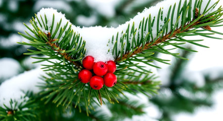 Fir branches with red berries covered with snow. Winter background.の素材