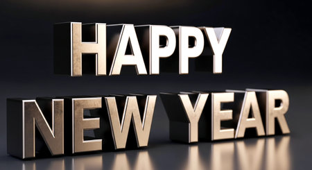 Happy New Year gold text on black background. 3D illustration.の素材