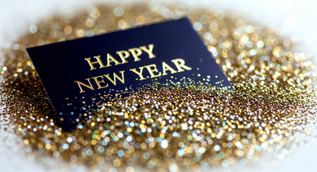 New Year's card with golden glitter and text Happy New Year.の素材