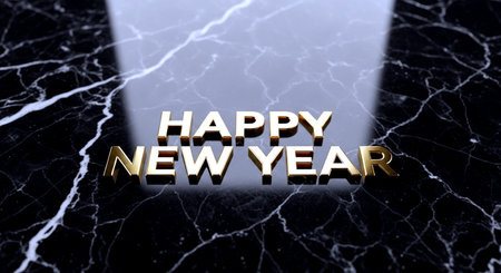 Happy New Year gold text on black marble background. 3D Renderingの素材