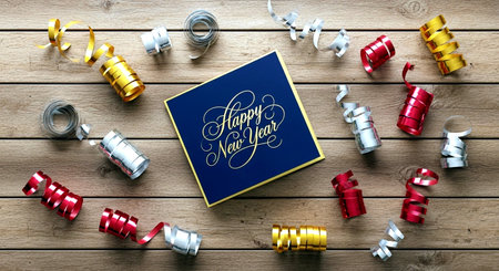 Merry Christmas and Happy New Year greeting card on wooden background.の素材