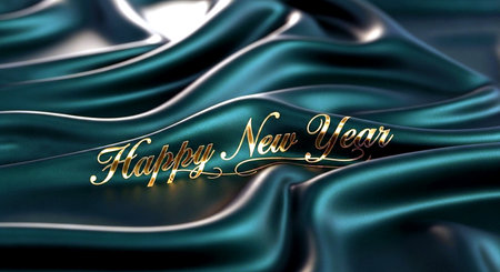 Happy New Year golden text on blue silk wavy background. 3D Renderingの素材