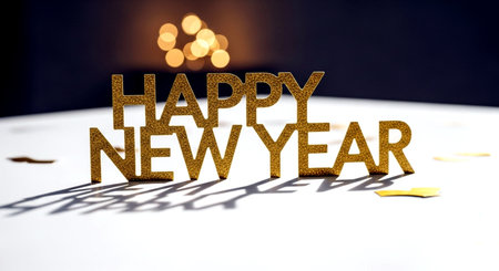 Happy New Year gold text on white paper with bokeh backgroundの素材