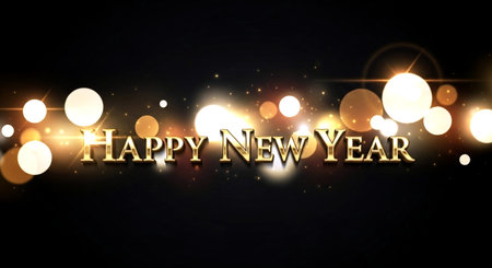 Happy New Year greeting card. Golden lettering on dark background.の素材