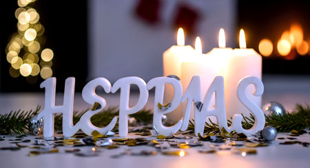 Christmas greeting card with burning candles, Christmas tree and gift boxes.の素材