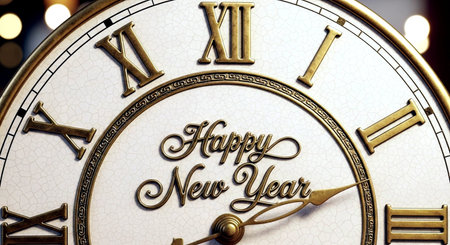 Happy New Year text on the clock face. Close-up.の素材