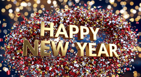 Happy New Year Golden 3d Lettering on Bokeh Backgroundの素材