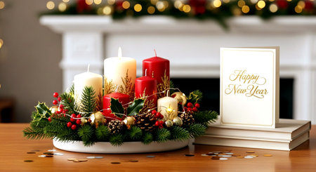 Beautiful Christmas composition with burning candles and photo frame on table in roomの素材