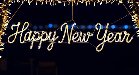 Happy New Year written in golden letters on a dark background with lights.の素材