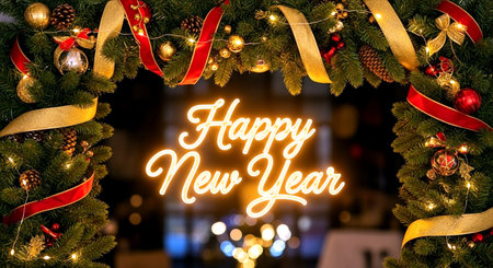 Happy New Year greeting card with Christmas tree and lights on background.の素材