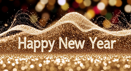 Happy New Year greeting card with golden glitter and bokeh backgroundの素材