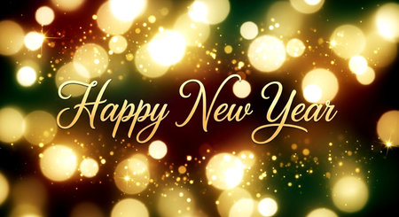 Happy New Year lettering on bokeh background. Vector illustration.の素材