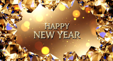 Happy New Year gold text on gold background with bokeh effectの素材